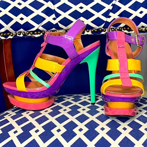 Shoe Republic LA Shoes - Multi color strappy double platform t-strap shoe republic la sandals heels